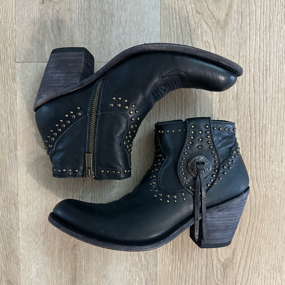 Liberty Black Leather Boots with Bronze Studs